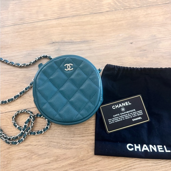 CHANEL Handbags - CHANEL Teal Quilted Round Crossbody Bag with Chain Strap